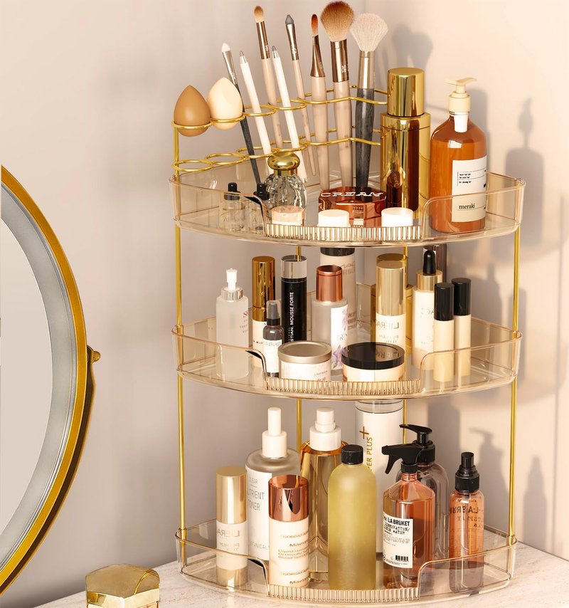 FELIZHOUSE 3-Tier Corner Bathroom Counter Organizer, Bathroom Countertop Shelf Makeup & Skincare Storage with Brush Holder for Vanity, Dresser, Kitchen - Amber