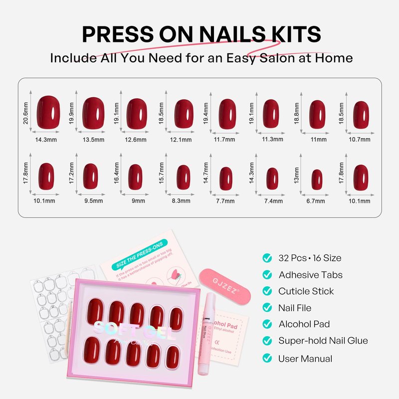 Red Press on Nails Medium Oval - GJZEZ Soft Gel Nail Press Ons Solid Glossy Full Cover Fake Nails Gifts for Women | 16 Sizes - 32 pcs Natural Long Lasting Reusable Faux Nail Kit with Glue, Cherry Red