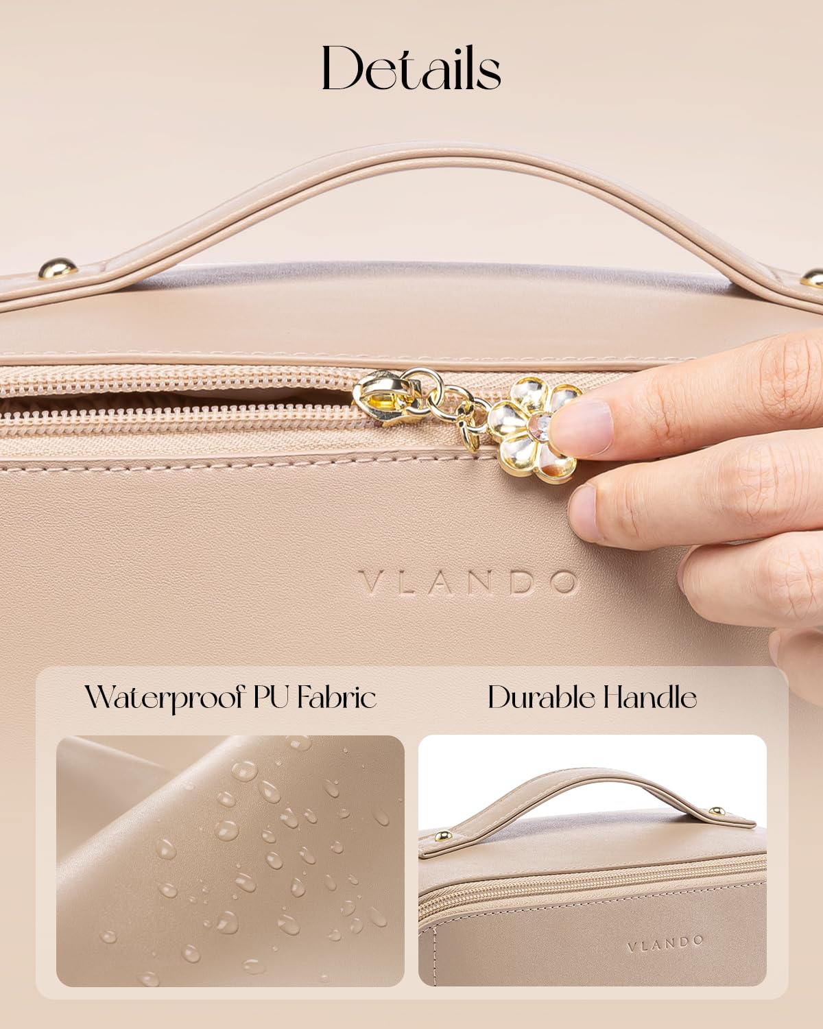 VLANDO Travel Makeup Bag,Brown Leather Make up Bag,Portable Toiletry Bag with Divider and Handle,Gifts for Women (Brown)