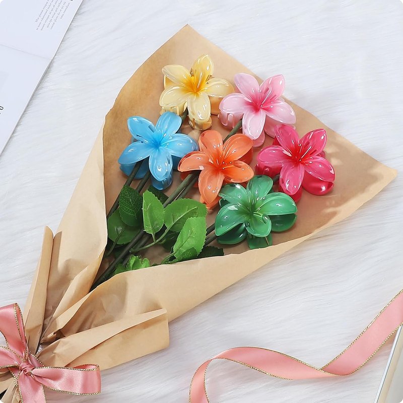 CHANDAT Flower Hair Clips 6 PCS Hawaiian Claw Clips for Vacation Hibiscus Hair Claw Clips Cute Large Hair Clips for Thick and Thin Hair Plumeria Hair Accessories for Women Girls - Blossom