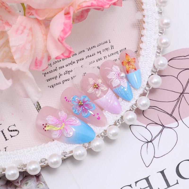 3D Flower Press-On Nails - Medium Almond French Tip with Rhinestones | Tropical Floral Pink Blue Gradient, Reusable Full Cover for Women