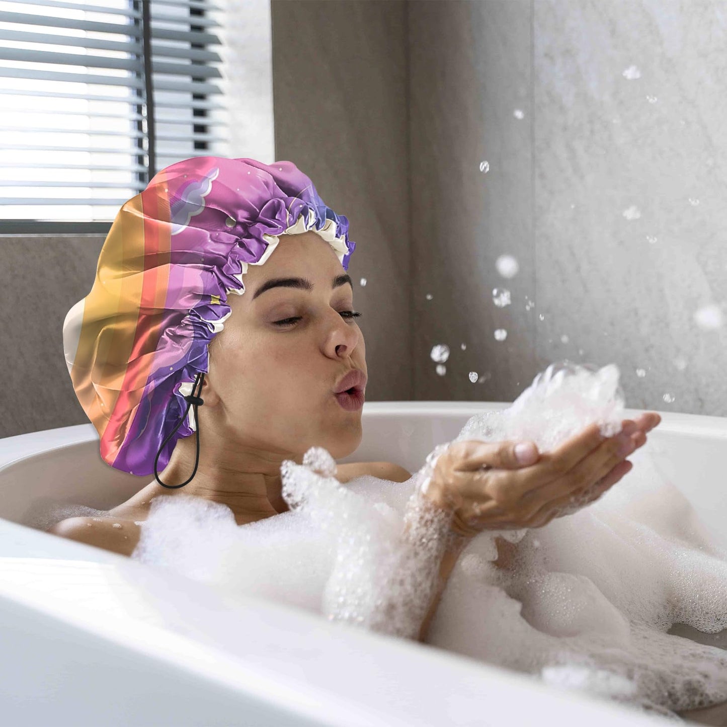 Cabreche Luxury Shower Cap Satin Silk Lined Adjustable Elastic Reusable Waterproof Shower Bath Cap Cute for Women Girls-Pink Cloud