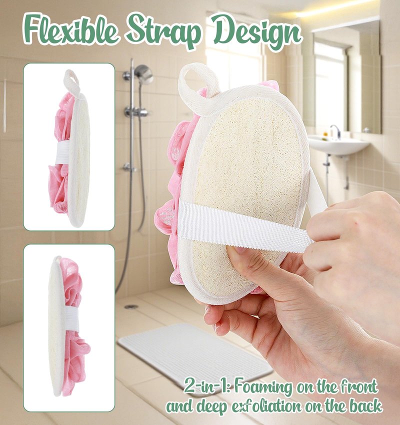 2Pcs Loofah Exfoliating, 2 in 1 Natural Green Pink Loofah for Women Reusable & Washable Loofa, Ideal for Body Scrubbing Gentle Exfoliation for Women & Men Shower Bath
