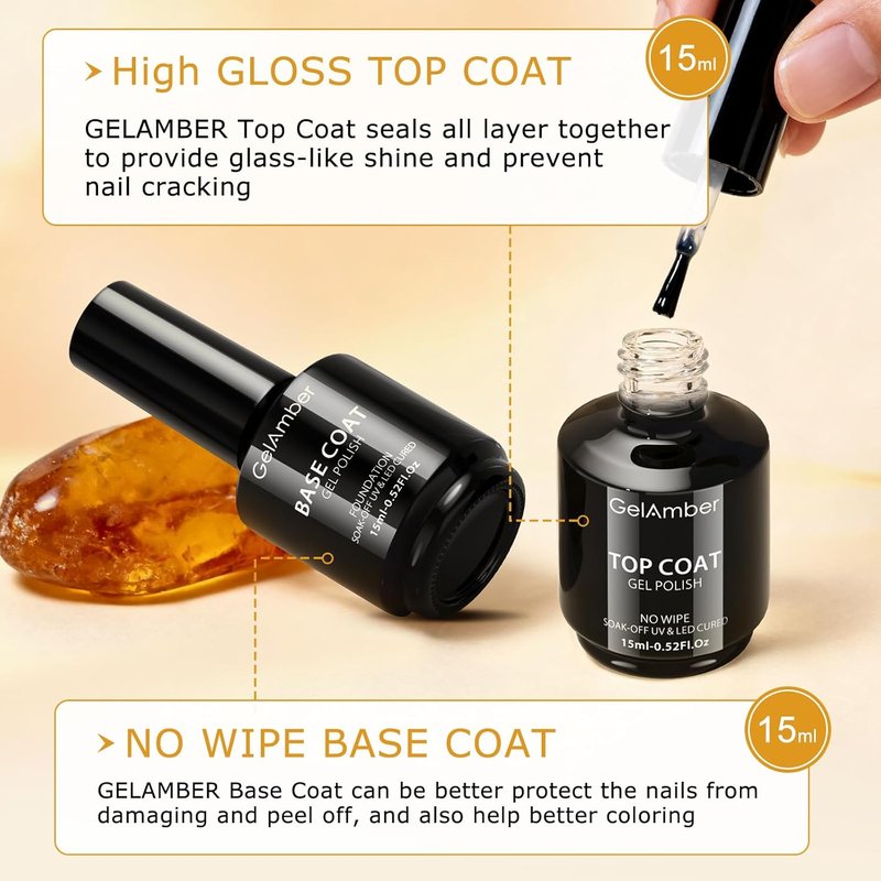 GELAMBER Nail Primer & Dehydrator Set - 4Pcs 15ml Gel Base & Top Coat | Acid-Free, Durable Finish for DIY Nail Salon