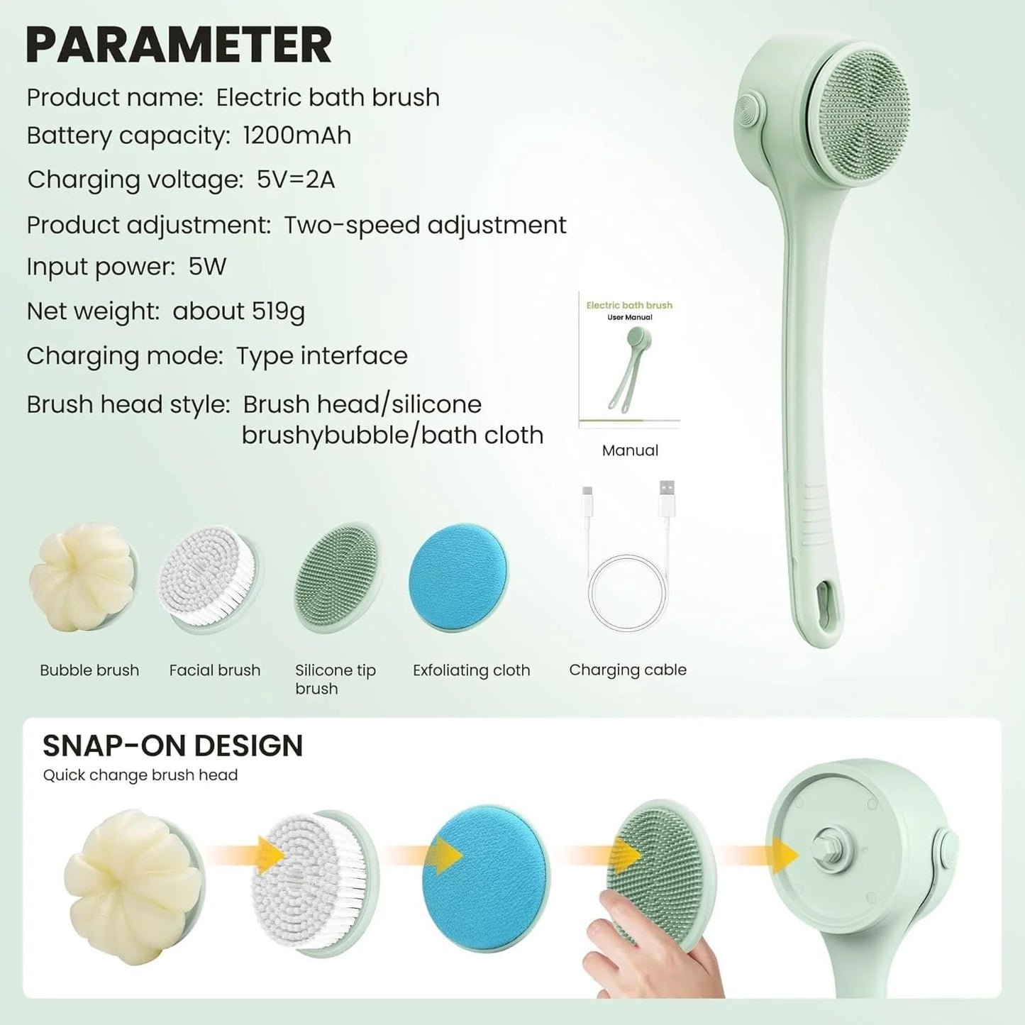 Rechargeable Electric Body & Back Scrubber Brush – Waterproof Spinning Bath Brush with Dual Long Handles & 5 Replaceable Heads for Deep Cleansing, Exfoliating & Massage