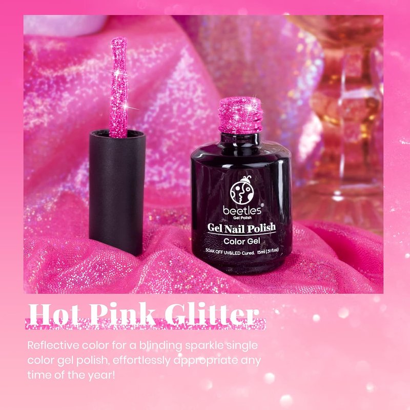 Beetles Glitter Gel Nail Polish - Hot Pink Reflective Diamond Color | 15ML Soak Off UV Nail Art for DIY Manicure