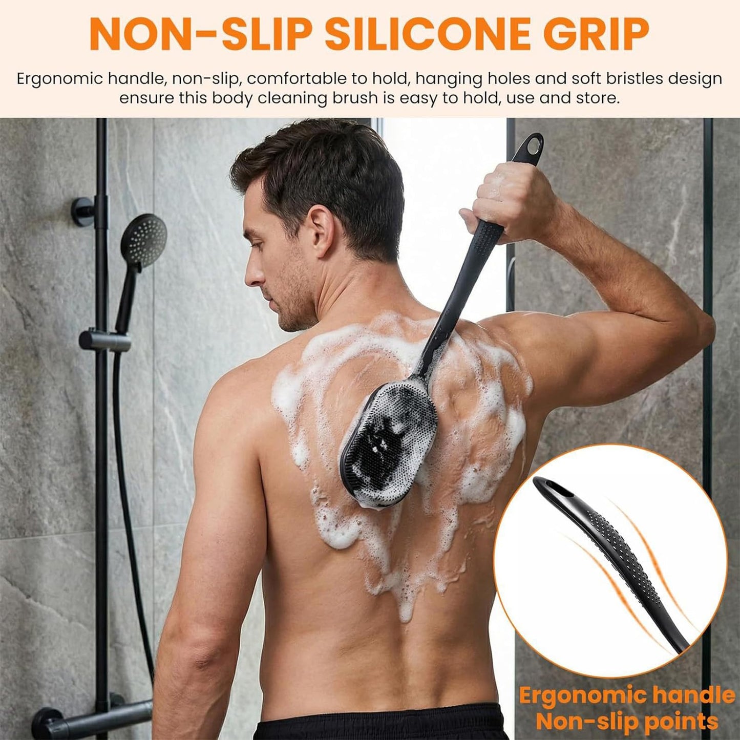 Merleu Silicone Back Scrubber 16.5" & Silicone Body Scrubber(Dual-Side) & Hair Scalp Massager & Face Brush Set (4PCS), Deep Cleaning & Shampoo at Home with 2 Free Hooks (Long Handle Back Brush Set)