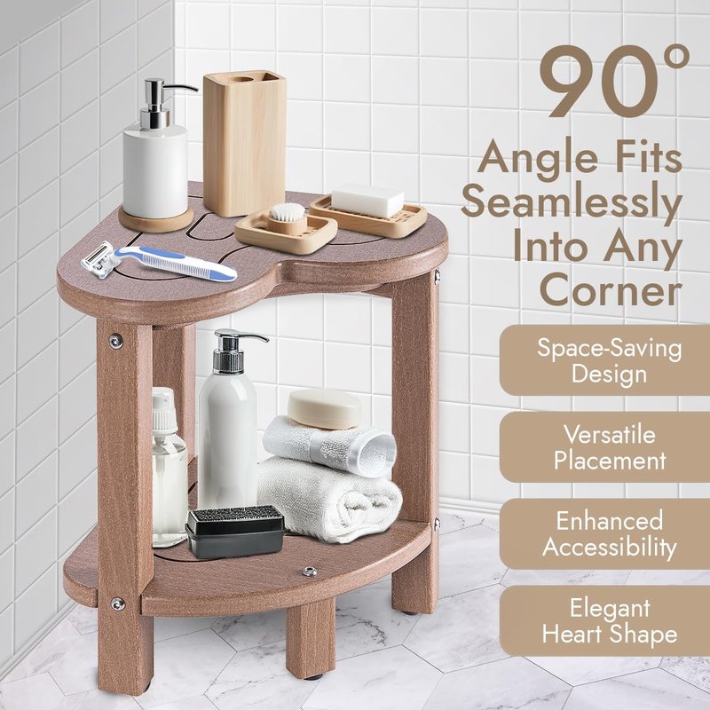 Corner Shower Stool for Inside Shower - Waterproof Corner Shower Bench, HDPE Plastic Bathroom Bench, Adjustable Height Corner Chair for Shaving Legs,Storage Shelf,Non-Slip Feet，Brown