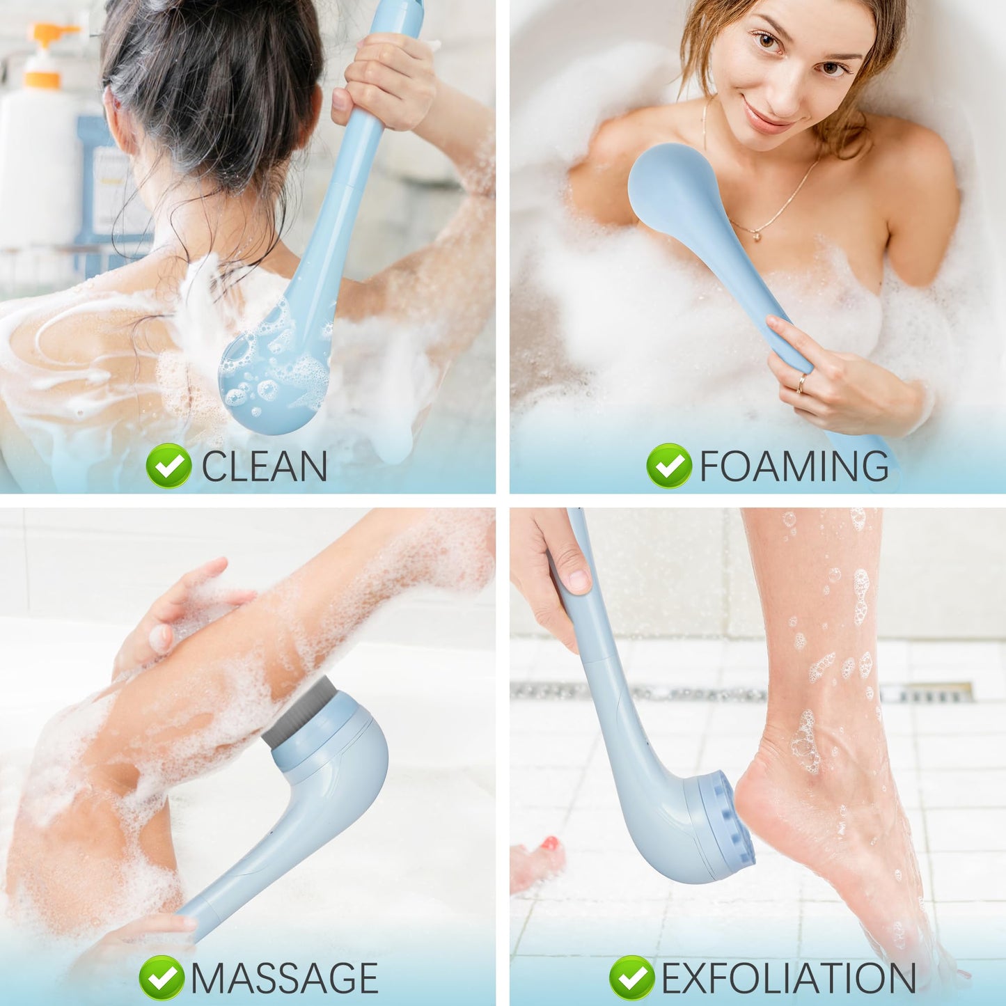 ZOFGENOW Electric Body Brush, Waterproof Back Scrubber for Shower with Long Handle and 3 Heads, Rechargeable Exfoliating Brush for Body and Foot, Deep Cleansing Massager, Blue