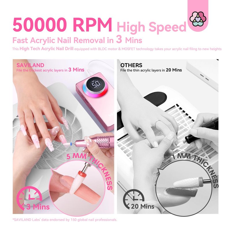 SAVILAND Electric Nail Drill 50000 RPM: Cordless Electric Nail File 10 H Battery Life Rechargeable Nail Drill Kit with Ceramic Drill Bits for Acrylic Nail Removal Ambient Light Black and Pink Ombre