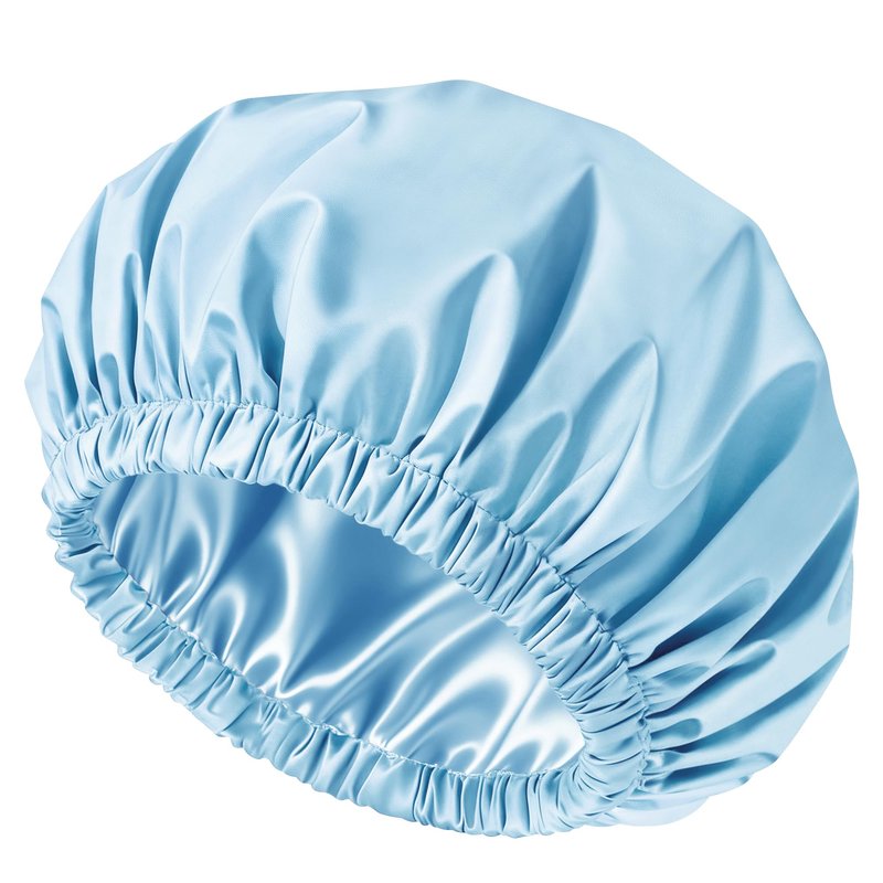 Doitory Satin Lined Shower Cap for Women, Reusable Waterproof Hair Cap, Large Washable Bath Caps with Soft Elastic Band, Protect Long Hair Braids(Light Blue)