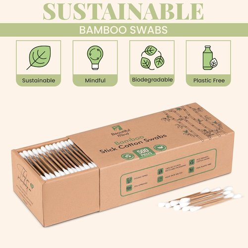 Natural Bamboo Cotton Swabs for Ears – 500 Pack – Qtips with Carbonized Bamboo for Durability – Eco-Friendly, Biodegradable & Vegan – 100% Cotton Ear Swabs Organic for Makeup (Drawer Box)