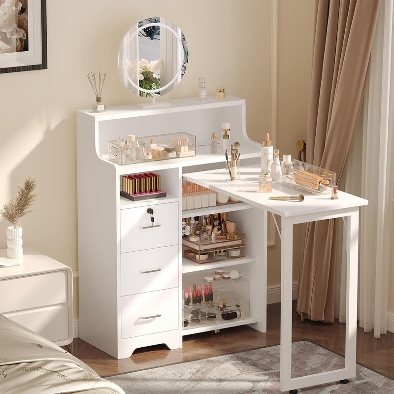 Skiennix Foldable Nail Desk - Portable Manicure Table with Power Outlets & Lockable Drawer | White L-Shape Workstation for Home Salon