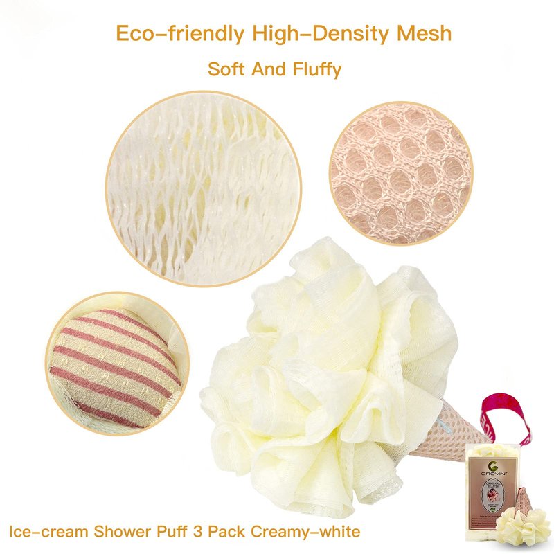 CROVIN Ice Cream Bath Sponge Pouf (Set of 3)-Creamy White Soft Mesh Puff Exfoliating Shower Sponge Ball Body Scrubber for Adults, Children