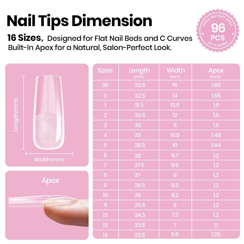 Beetles Tipex Lite Instant Apex Nail Tips, Long Square Gel Nail Tips, 16 Sizes 00-14, Built-in Apex for Natural Fit, Beginner-Friendly DIY Nail Extensions