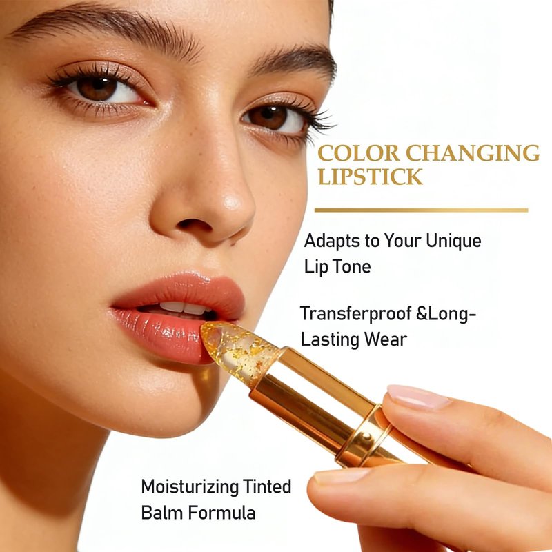 PIN&WEI Color Changing Lipstick, Gold Crystal Ph Lipstick Color Changing, Long Lasting Moisturizing Glossy Shine Lip Gloss, Deep Nourishment