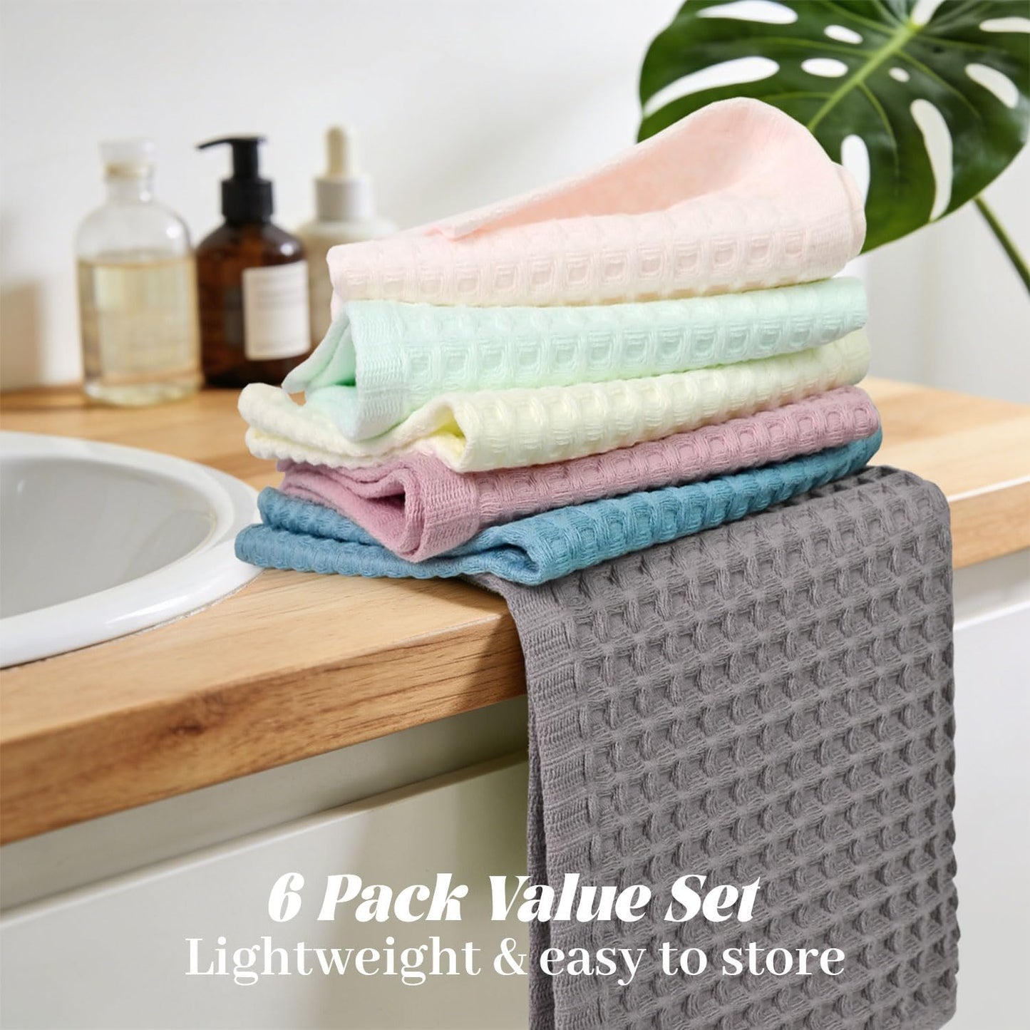 Cleanbear Waffle Washcloths 6 Pack, 100% Cotton Wash Cloths for Showering, 13” x 13”, Quick Dry & Absorbent Wash Cloths for Family & Daily Use (Multicolor)