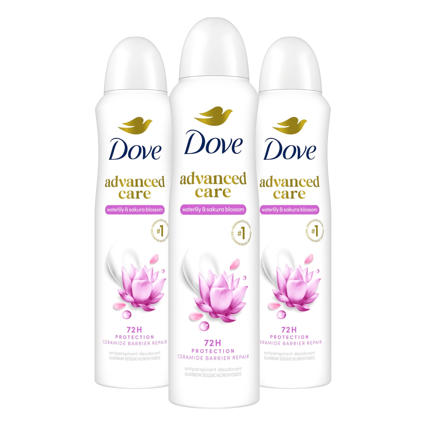 Dove Advanced Care Antiperspirant Deodorant Spray Waterlily & Sakura Blossom 3 Count Moisturizing for After-Shaving Care 72-hour that boost skin's ceramide levels for Soft Underarms 3.8 oz