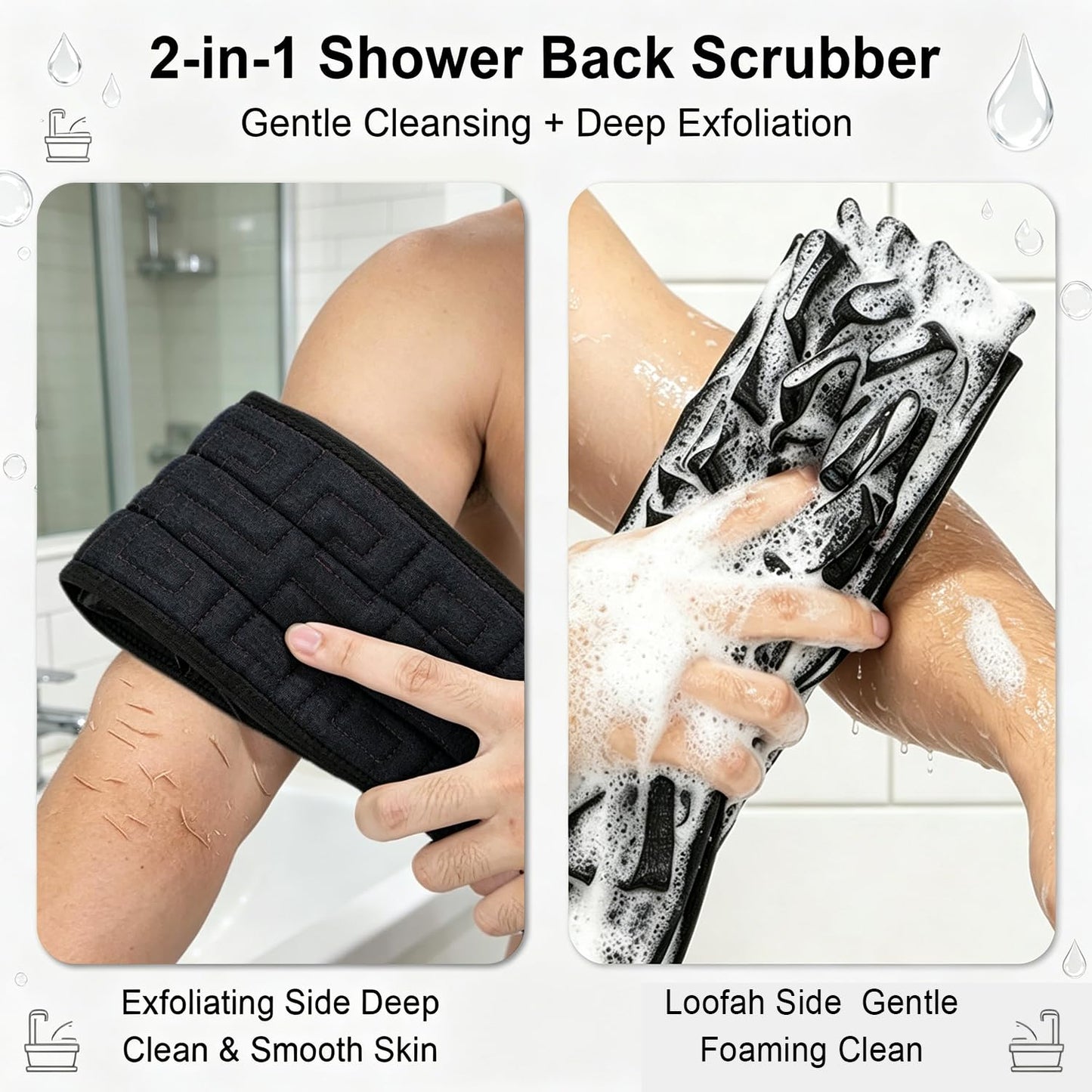 Dual-Sided Back Scrubber for Shower, 2-in-1 Reinforced Exfoliating Washcloth with Handle, Durable Deep Cleansing Body Exfoliator, Back Washer Bath Essentials for Men, Women & Elderly