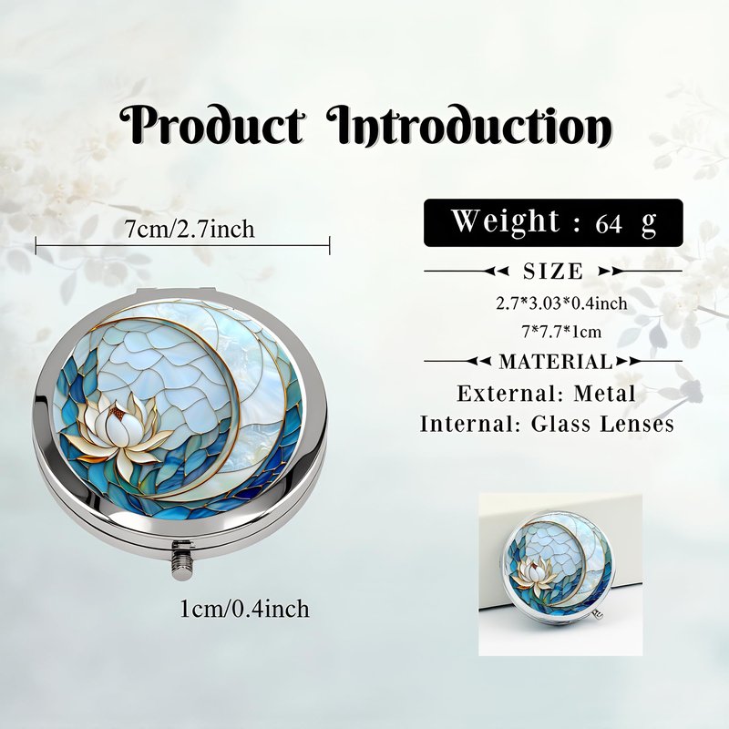 Silver Compact Mirror, 2.8x2.8inch Double-Sided Folding Makeup Mirror with Blue Lotus Moon Design, Ideal Gift for Women