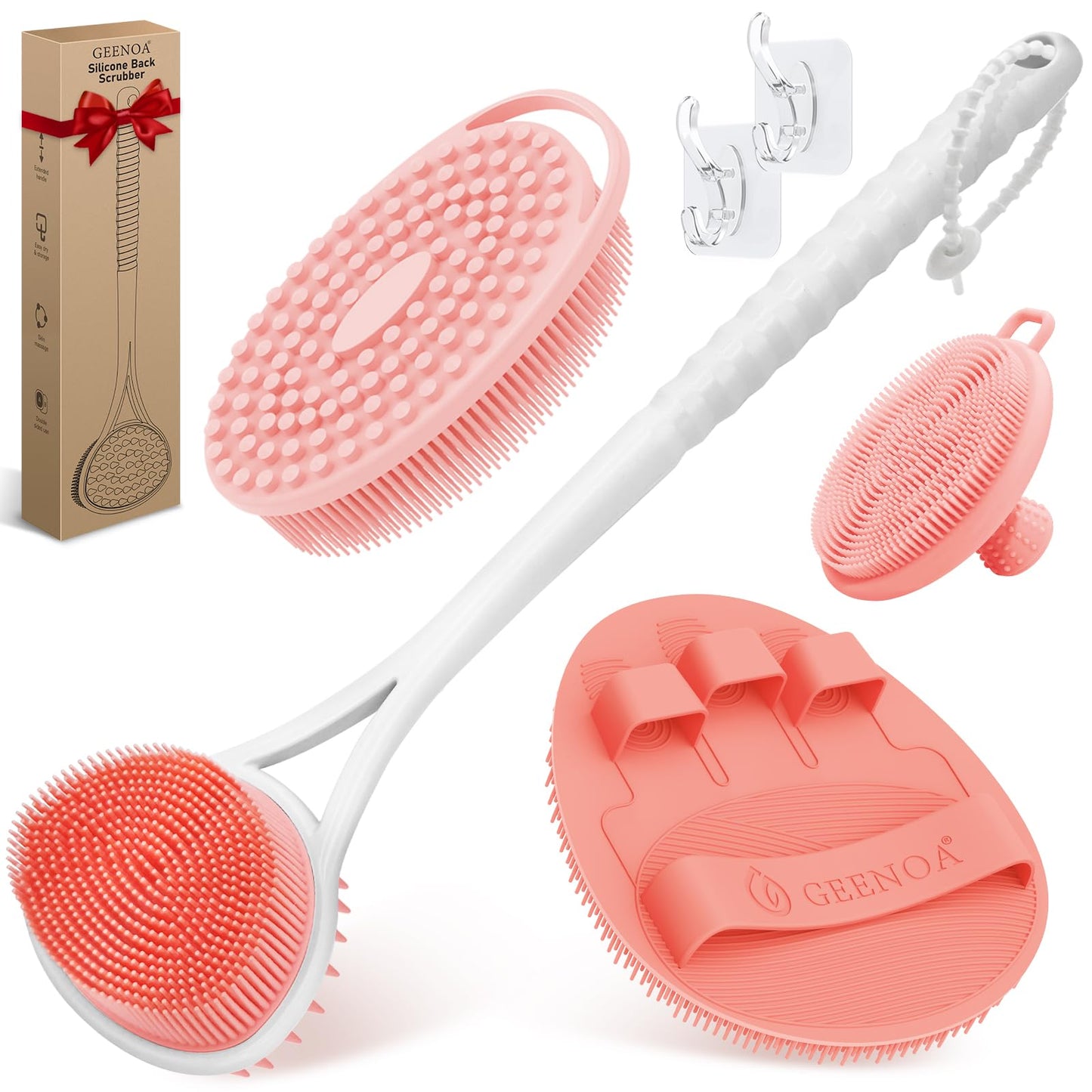 GEENOA Silicone Back Body Face Scrubbers Set 4PCS, 15.35’’ Back Scrubber Soft Body Scrubber for Dual-Side Usage, Easy-to-Hold Soft Bath Glove & Face Scrubber for Good Foaming Deep Cleaning(Pink)