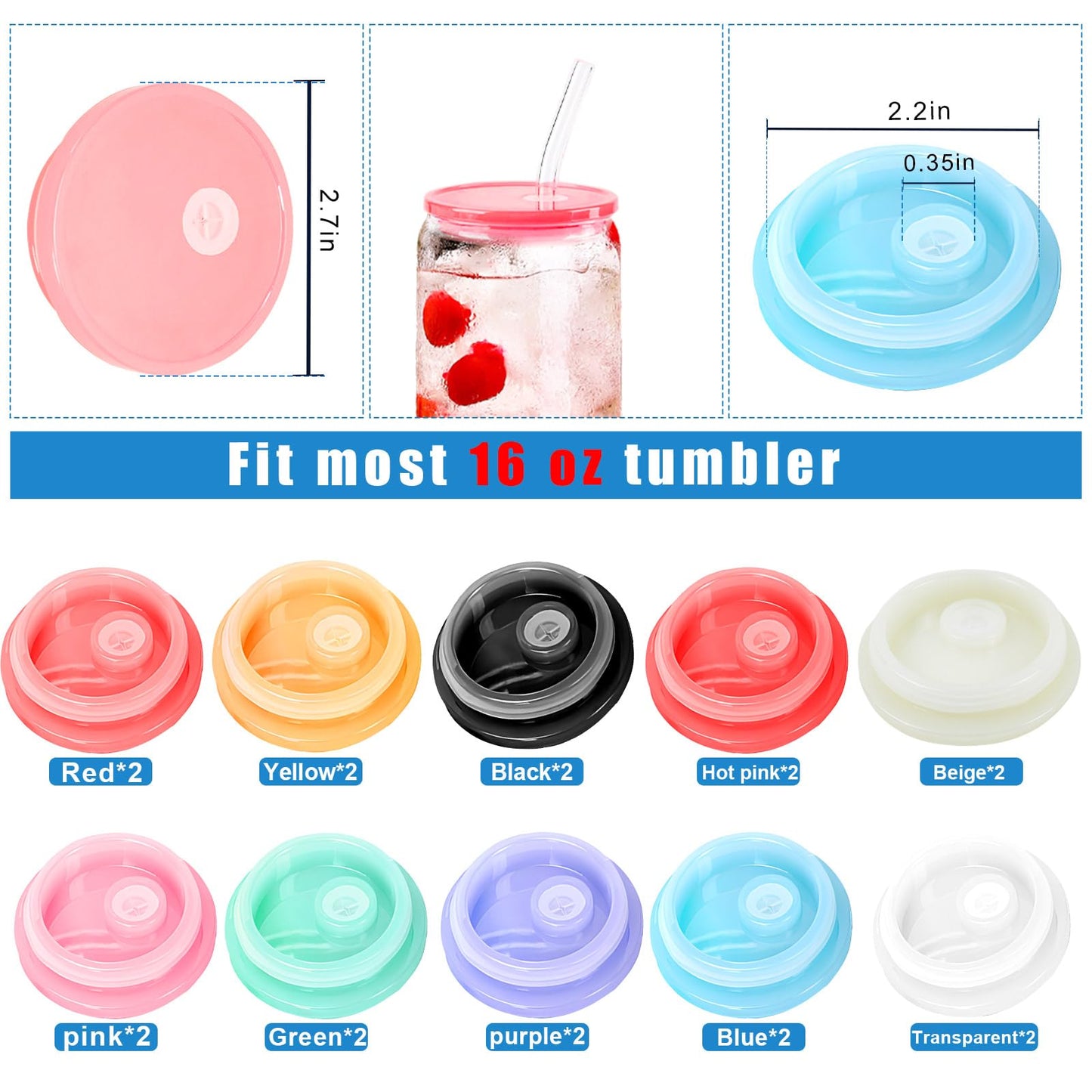 20-Pack Colorful Acrylic Cup Lids with Straw Hole - Spill-Proof Reusable Covers for 16oz Glasses & Tumblers - Perfect for Iced Coffee, Beer, Beverages