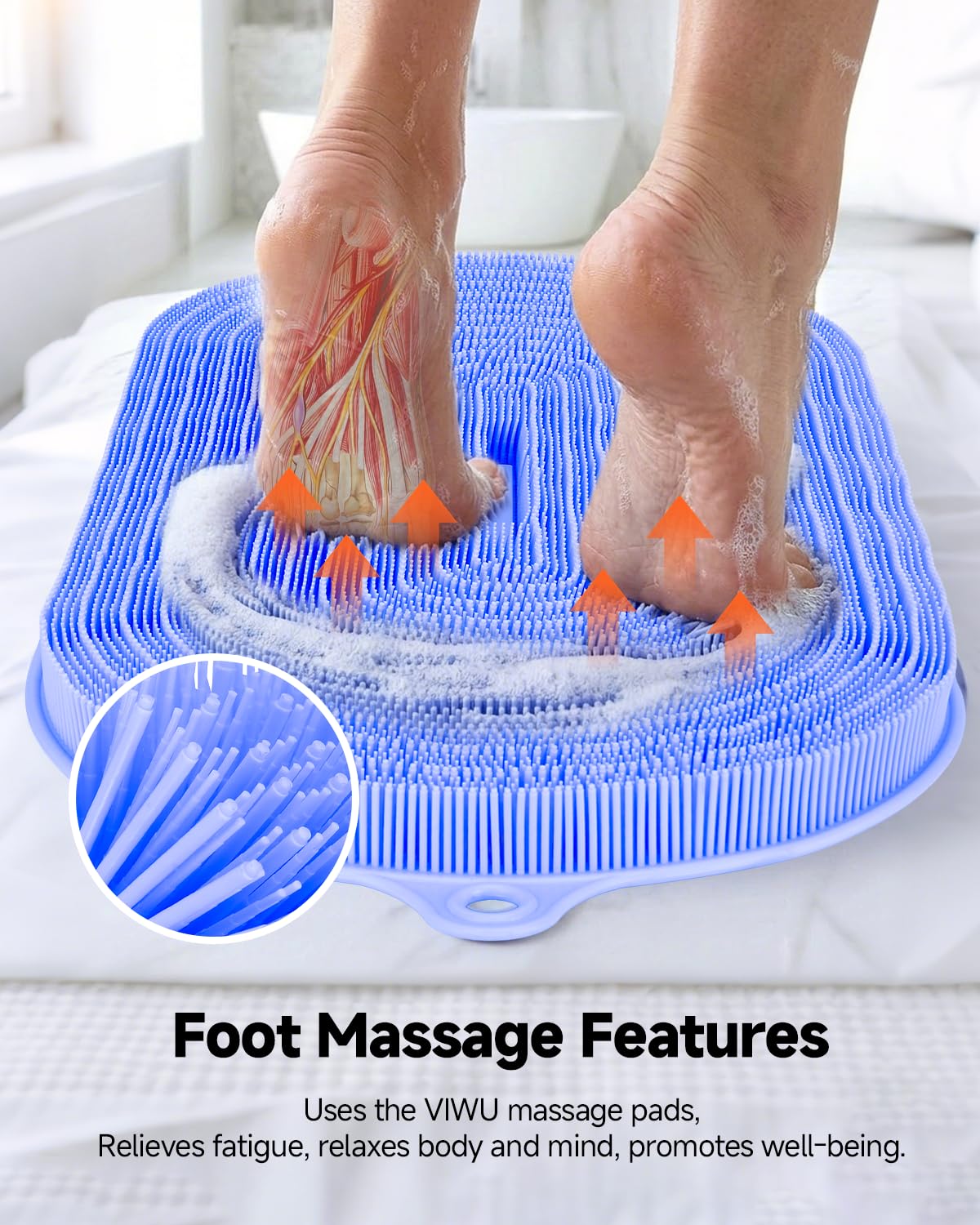 VIWU Extra Large Shower Foot Scrubber Mat, Silicone Foot Cleaner Brush – Exfoliate, Clean & Massage Feet Without Bending, 68 Non-Slip Suction Cups, Improve Foot Circulation & Appearance, 21.3 x 14 in