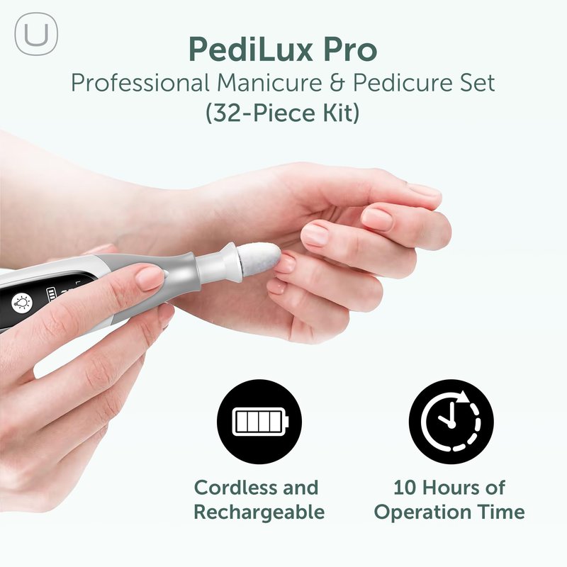 PediLux Pro Professional Manicure Pedicure Kit, Cordless Electric Nail File Drill Set, Thick Toenail Grinder, Toe Nail Dremel Tools, Filer, Buffer, Sander, Remove Cuticles, Callus for Men & Women