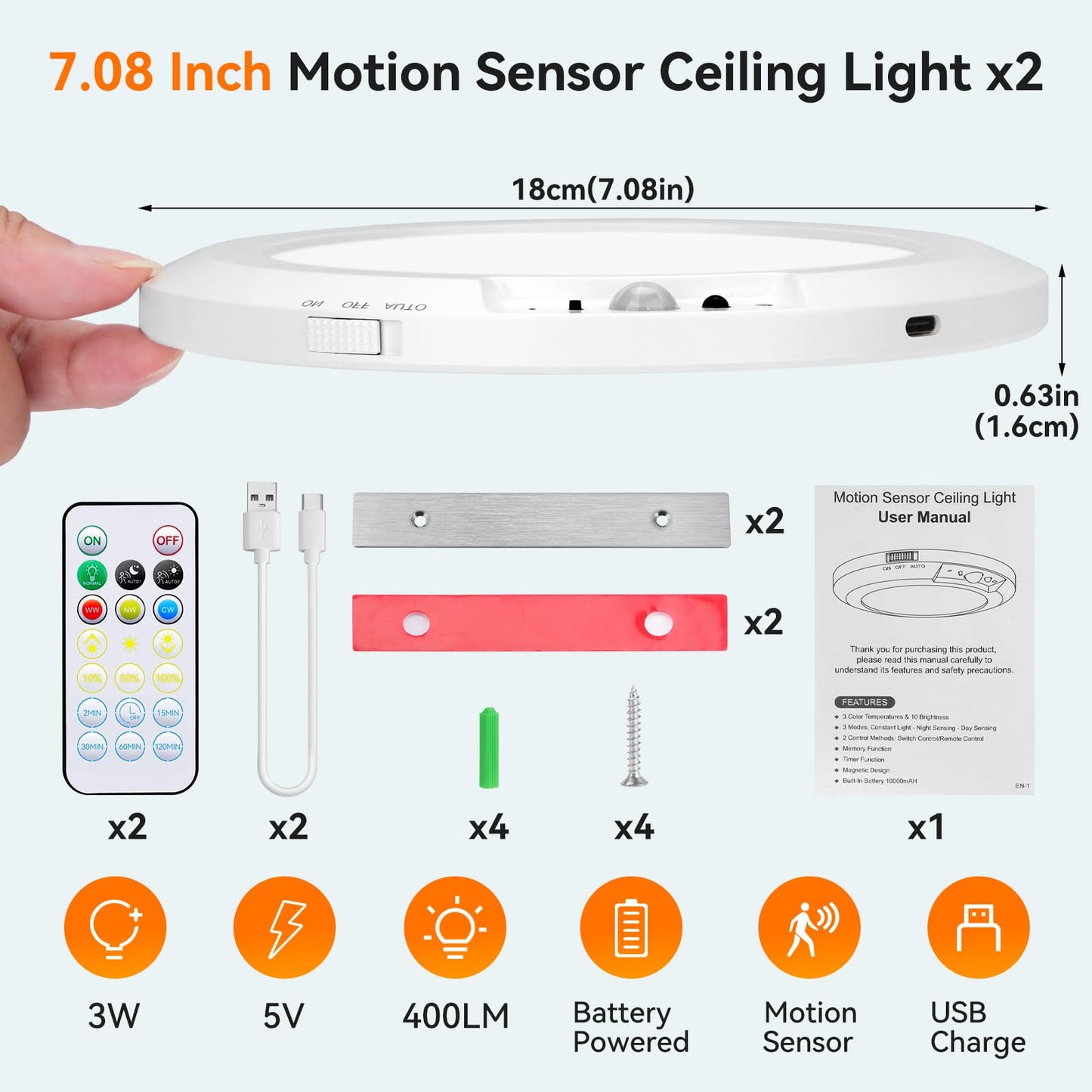HLCZLUZ Rechargeable Motion Sensor Ceiling Light Indoor Outdoor w/Remote, 7.08 Inch Battery Operated Flush Mount Ceiling Light 3000K 4000K 6000K 400LM Dimmable for Closet Hallway Laundry Stairs (2)