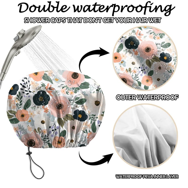 Deokke 2 PCS Shower Cap Reusable Waterproof Adjustable Double Layer Elastic Dry Hair Bathing Caps Aesthetic Cute for Women Girls-Butterfly Flower