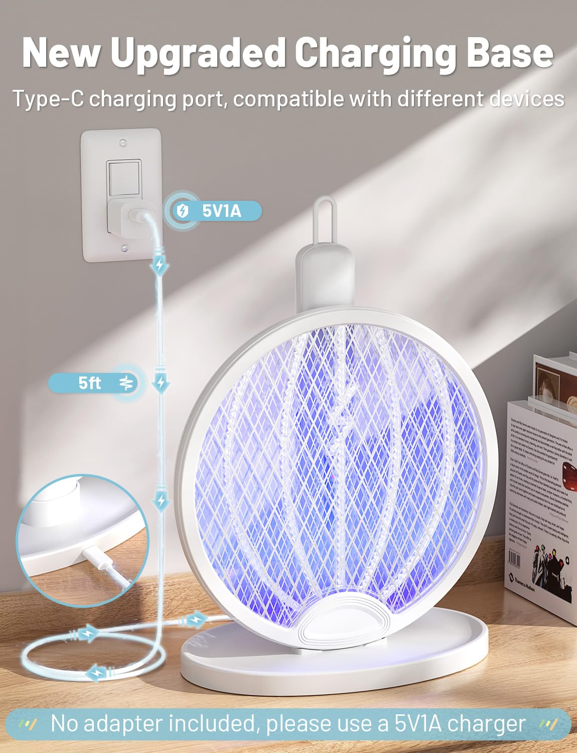 YISSVIC 2 in 1 Mosquito Killer Racket, 4000V Foldable Electric Fly Swatter with Charging Base & Purple Light, Rechargeable 1800mAh Bug Zapper Indoor for Home, Patio, Backyard, Camping Use