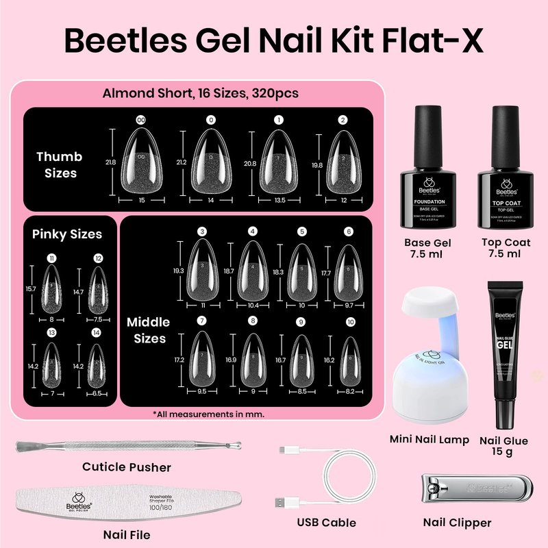 Beetles Gel Nail Kit Flat-X, Almond Short, 320pcs 16 Sizes Nail tips, with 15g Nail Glue Gel Hands-Free, 7.5ml Base Gel & Top Coat, Mini Lamp, for Acrylic Press On Nail, Extension DIY Set at Home