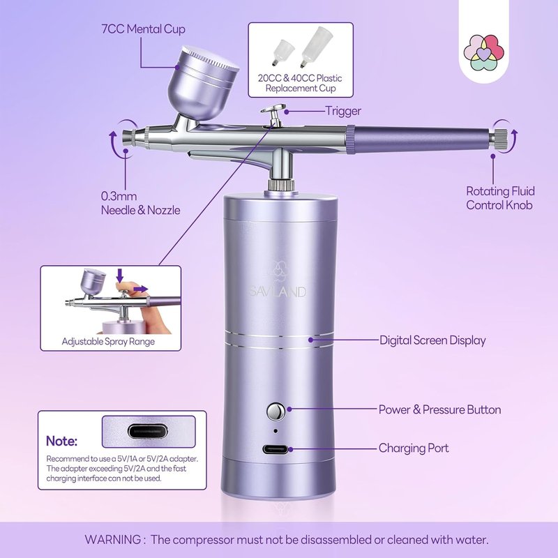 SAVILAND Micron-Air Airbrush for Nails - Flow-Locked Atomization & Steady Output | 0.3mm DLC-Coated Nozzle, Cordless Design