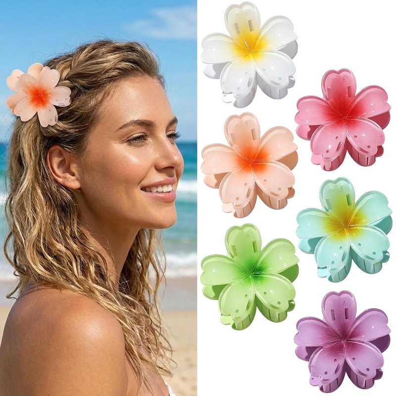 Flower Hair Claw Clips - 6 Pcs Hawaiian Style for Thick & Curly Hair | Strong Hold, Non-Slip Beach Accessories