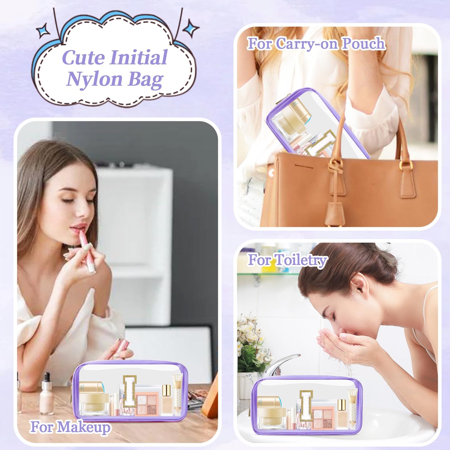 Small Clear Personalized Initial Makeup Bag,Nylon Preppy A-Z Chenille Letter Patch Cosmetic Pouch Beach Toiletry Bag,Waterproof Zip Travel Purse Storage Bag Organizer for Women Girls(Purple-White I)