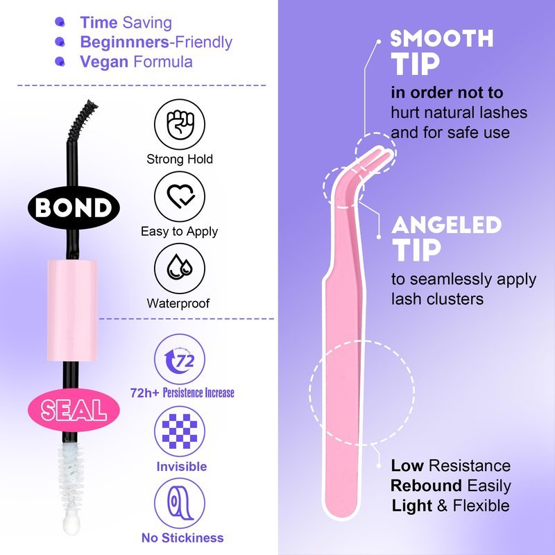 Pawotence Lash Clusters Kit 40D Individual Lashes Extension Kit DIY 280pcs 9-16mm Cluster Eyelash Extension Kit with Lash Bond and Seal, Lash Tweezers for Self Use (40D, 0.07D, 9-16mm, Kit)