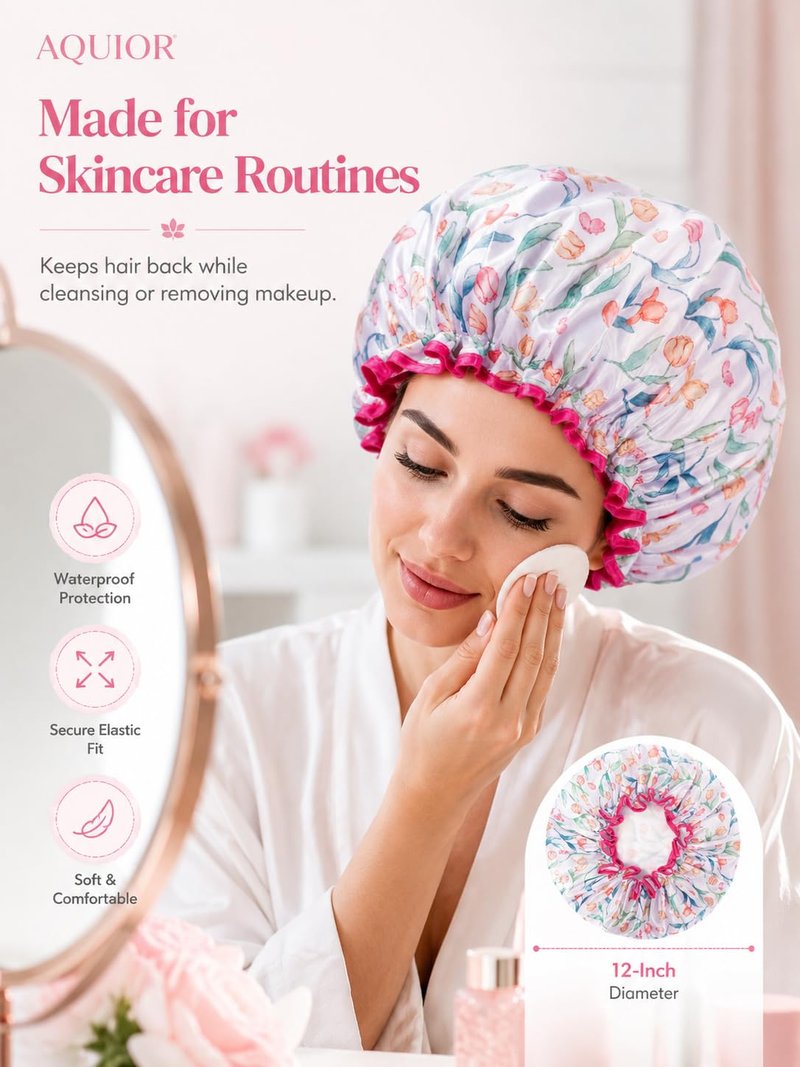 Aquior Shower Cap for Women, Waterproof Reusable Hair Cap with Soft Elastic, Large Size for Long Hair, Cute Bath Cap for Shower, Skincare, Cooking, Spa and Travel Use