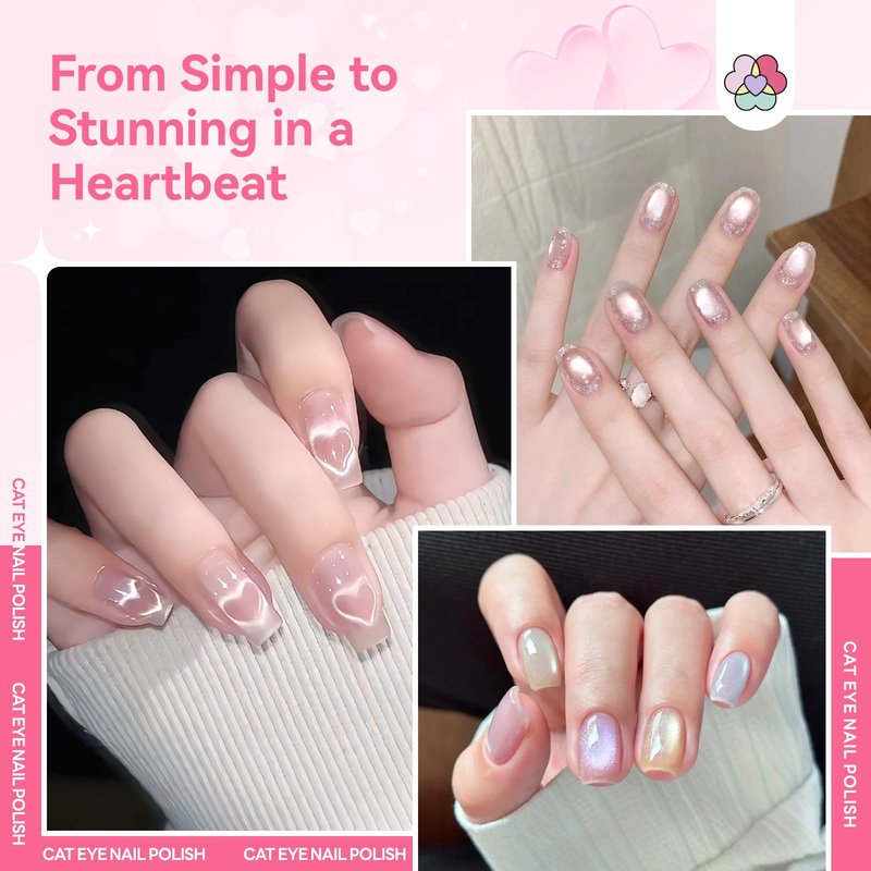 SAVILAND Valentine Nail Polish Set: Quick Dry 6 Colors Cat Eye Nail Polish Shimmer Romantic Pink Series Magnetic Cateye Fingernail Polish with Magnet Stick DIY Manicure Gift for Women Girls10ml