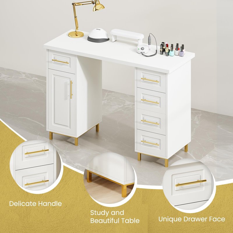 MaverickFurni Nail Tech Desk for Nail Tech, 43 Inch Wooden Manicure Table with Storage, Nail Table with 5 Drawers and Cabinet, Manicure Desk Nail Station (White)