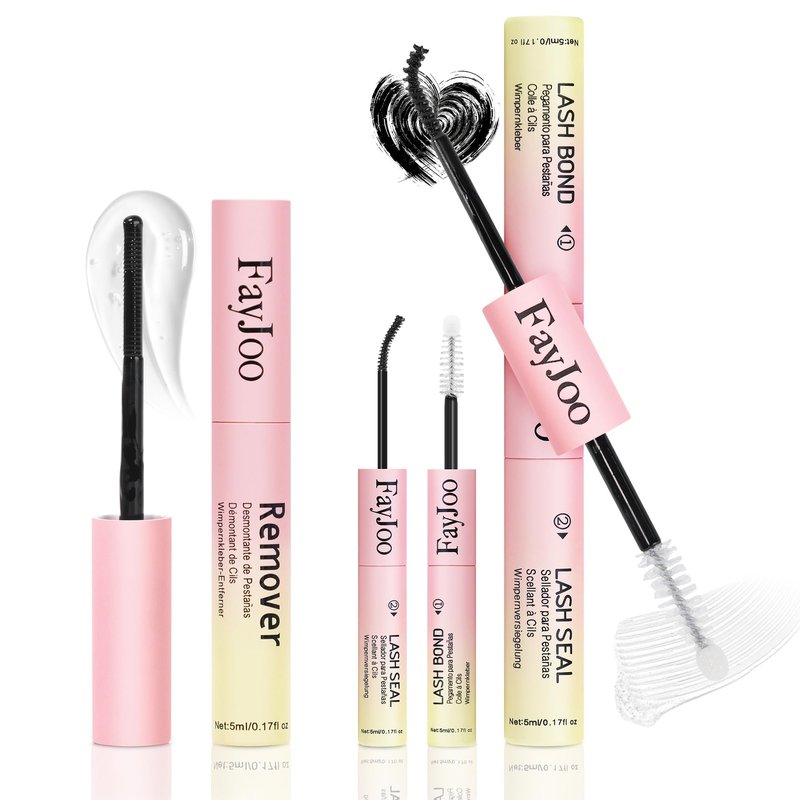 FayJoo Eyelash Adhesive Long Lasting Up to 7 Days, Strong & Flexible Hold Glue for Eyelash Extensions, Hypoallergenic, Waterproof & Quick-Dry, 3 in 1 Bond & Seal & Remover for Lash Cluster(5ml Each)