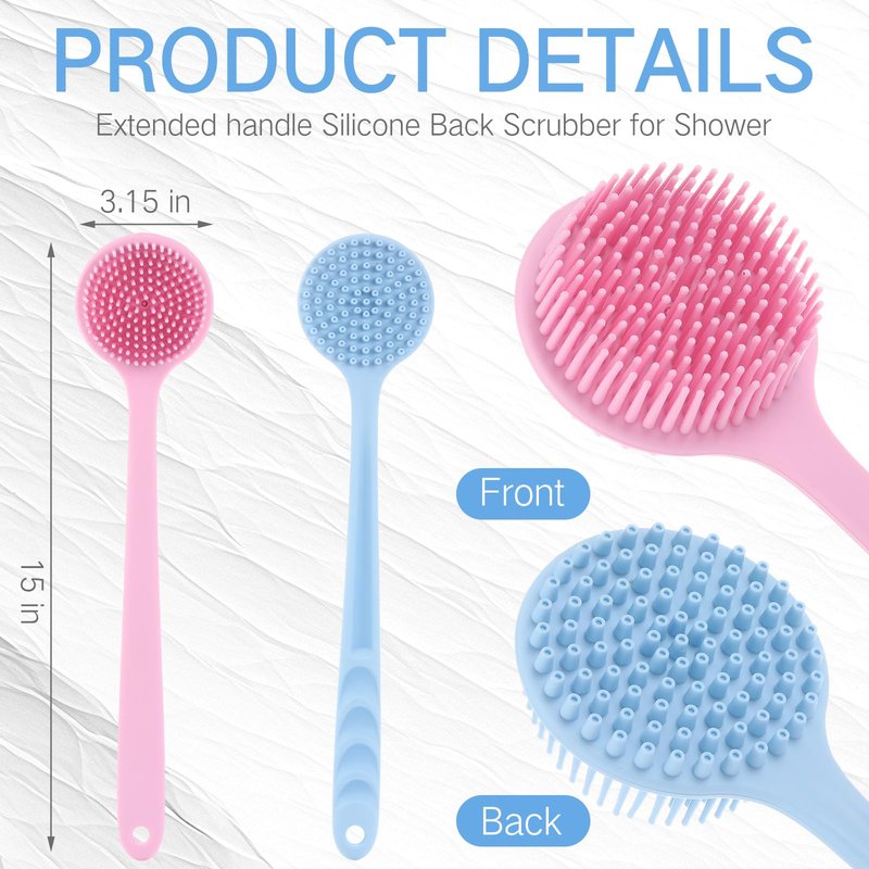 Sunnyray 2 Pack Silicone Back Scrubber for Shower with 15" Long Handle Double-Sided Bath Body Brush for Exfoliating Easy to Clean Quick Dry Deep Cleaning Lathers Well(Pink,Nordic Blue)