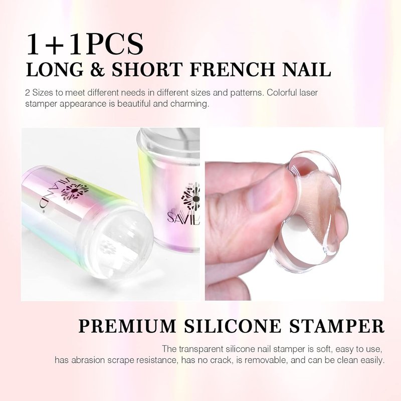 Saviland French Tip Nail Stamp Kit - 5PCS Gold Radium Jelly Stamper with Clear Silicone & Scrapers