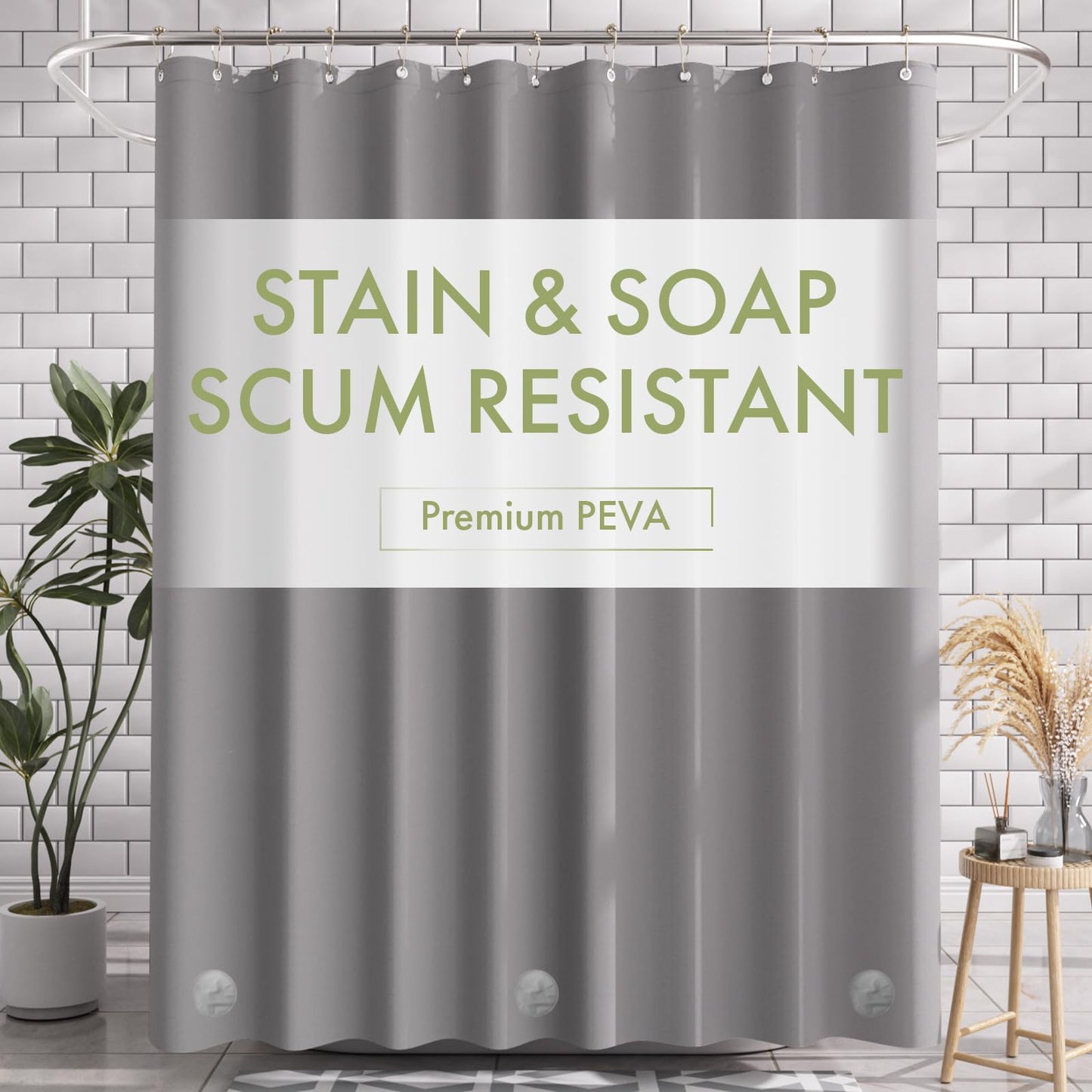 AmazerBath Shower Curtain Liner, 72x72 Grey Shower Liner, Cute Plastic Shower Curtain Liners, Lightweight PEVA Waterproof Gray Shower Curtains for Bathroom with Magnets and 12 Grommet Holes