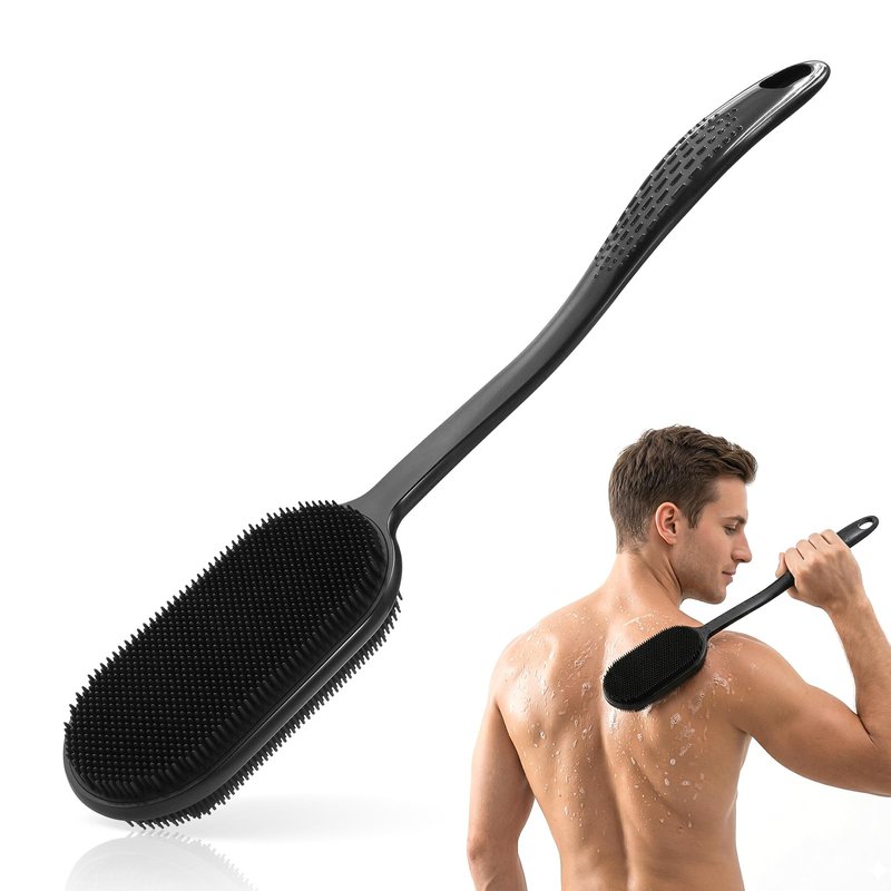 Silicone Back Scrubber for Shower, Long Handle Silicone Body Scrubber with 5.4" Wide Brush Head, Double Sided Back Brush for Shower Exfoliating Massage, 16.5" Silicone Back Brush for Men & Women