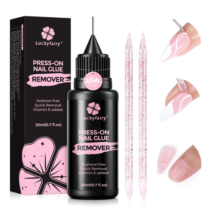 Luckyfairy Pinpoint Nail Glue Remover: 20ml Press on Nail Remover with Cuticle Pusher, Gentle Glueoff, Quick Nail Remover for Nails Tips, Non-Acetone Nail Polish Remover, Not for Gel Polish