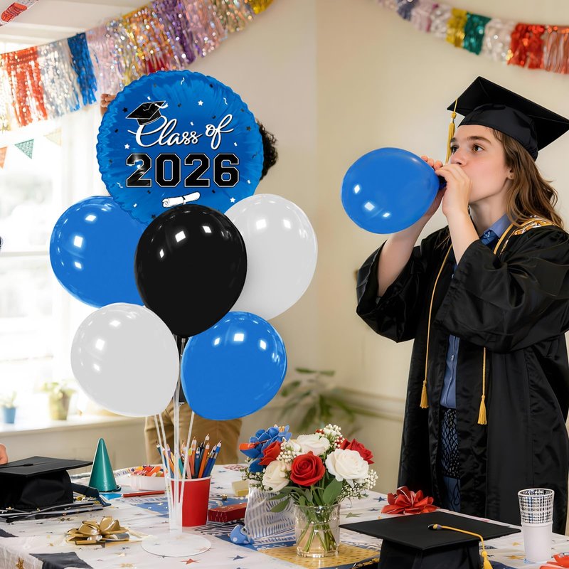 Graduation Decorations - 4 Set Balloon Stands, Class of 2026 Congrats Grad Table Centerpieces for Graduation Party Supplies(Blue & Black)