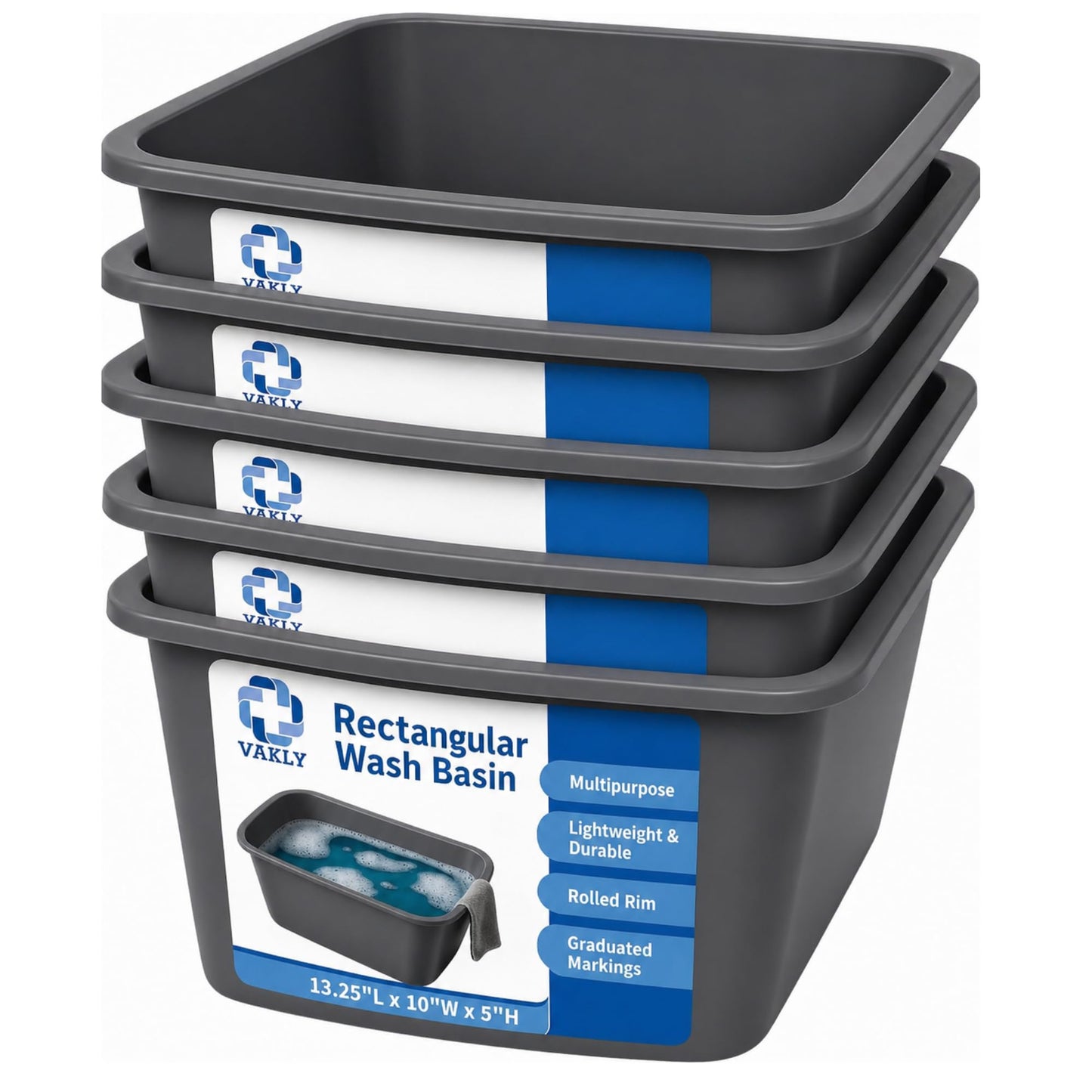 Vakly Wash Basins – Rectangular Plastic Hospital Bedside Soaking Tub (Pack of 5) Small 7 Qt Graduated Bucket - Portable Washbasin for Washing, Cleaning, Foot Bath, Dishes, Face Cleansing Bowl (5)