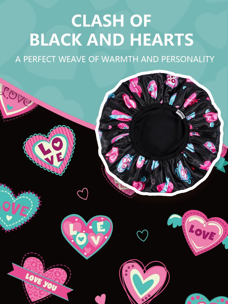 Years calm Terry Lined Shower Cap, Triple Layer Heart Motifs,Waterproof Reusable Elastic,Hair Shower Cap for Women,Terry Cloth Shower Caps for Spa,Clean,Trave (Black, One Size)