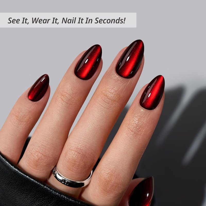 Press On Nails - Vampire's Gaze Deep Red Cat Eye Almond | 32 Glossy Stick On Nails in 16 Sizes for Halloween