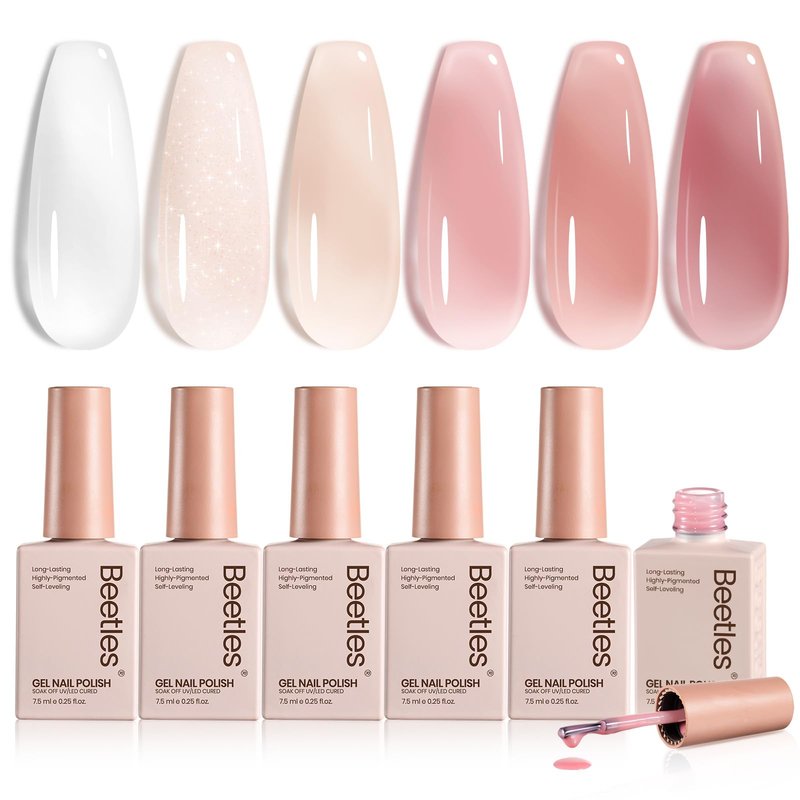 beetles Gel Polish Whispers of Love Jelly Gel Nail Polish Set - 6 Colors Milky White Nude Pink Neutral Sheer Translucent Soak Off UV Gel Nail Kit, Nail Concealer for Salon DIY Manicure Gift for Women